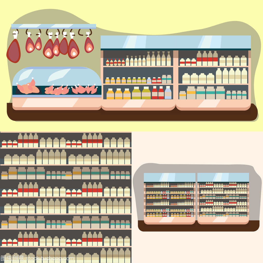奶制品部,与新鲜健康的食物,在超市,选择大的有机农场产品的销售在食品商店内部,牛奶货架存储与酸奶和奶酪矢量图